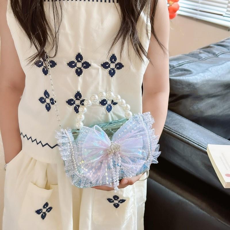 Stylish Children's Quilted Pearl Handbag With Lace And Bowknot For Girls Everyday Fashion