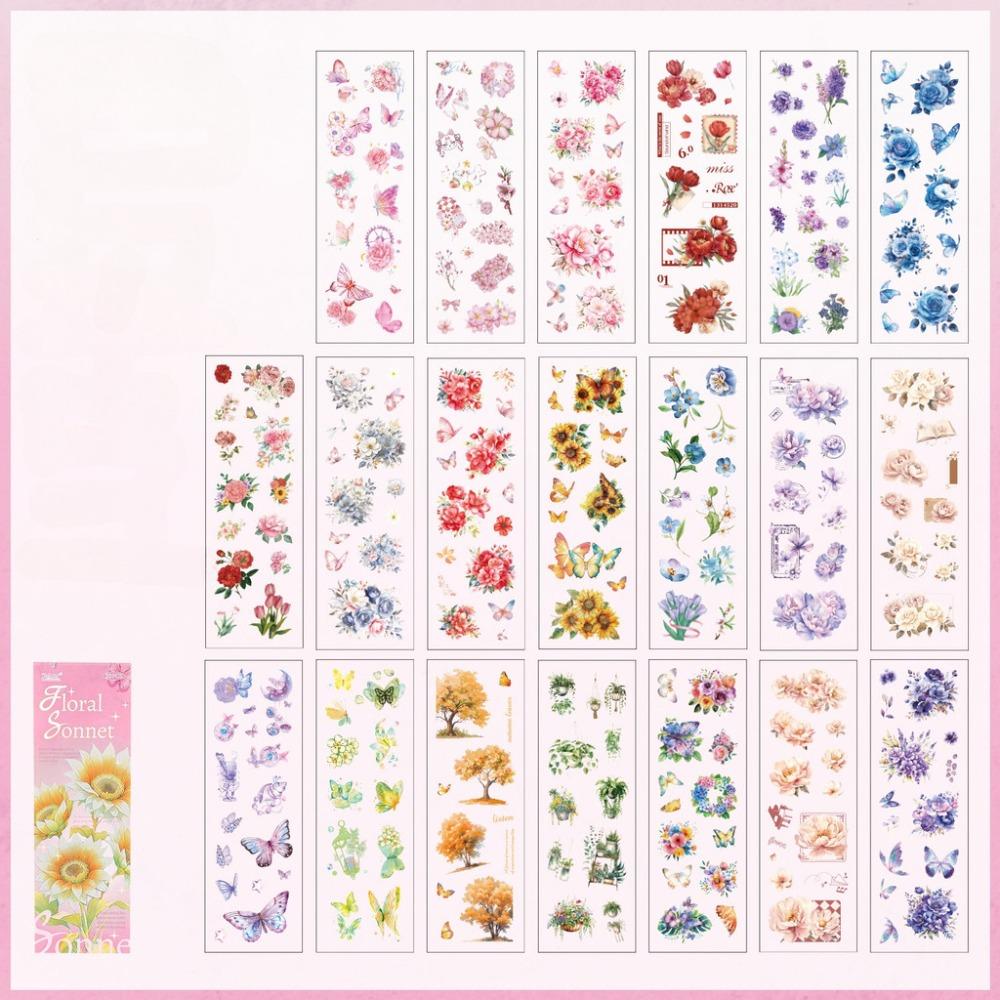 

20 Sheets Flowers Scrapbook Stickers Flower Design PET Material Girls Craft Stickers Transparent Removable