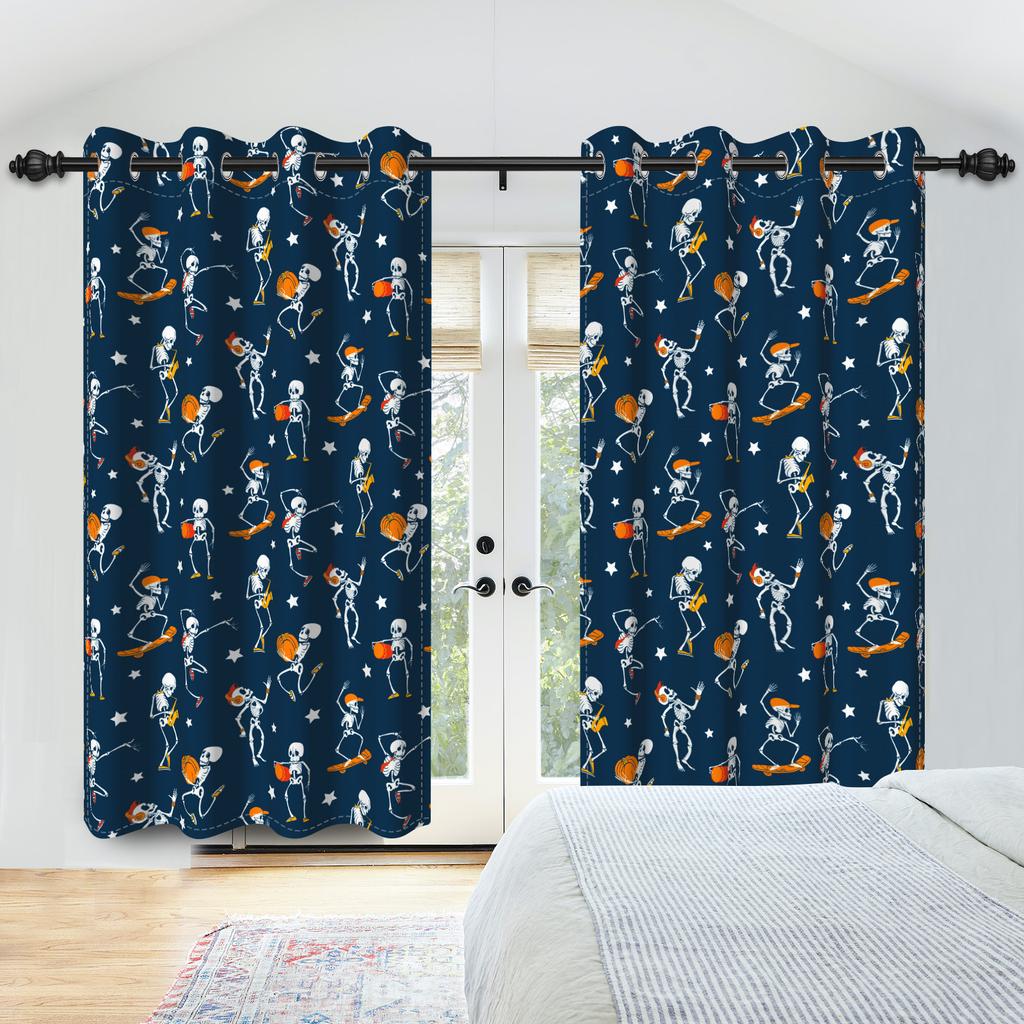 2pcs/set Skeleton Skull Black Window Curtain Horror Halloween Haunted House Home Bedroom Decor Blackout Polyester Fabric Curtain