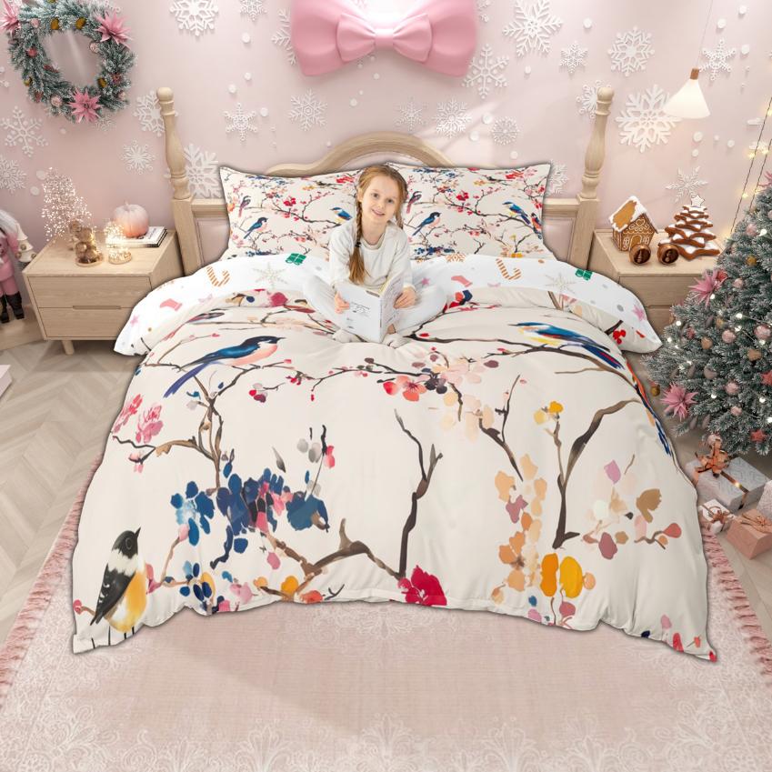Homewish Cartoon Santa Claus Duvet Cover Set for Boys Girls, Christmas Tree Bedding Set, Snowflakes Snowman Bed Set