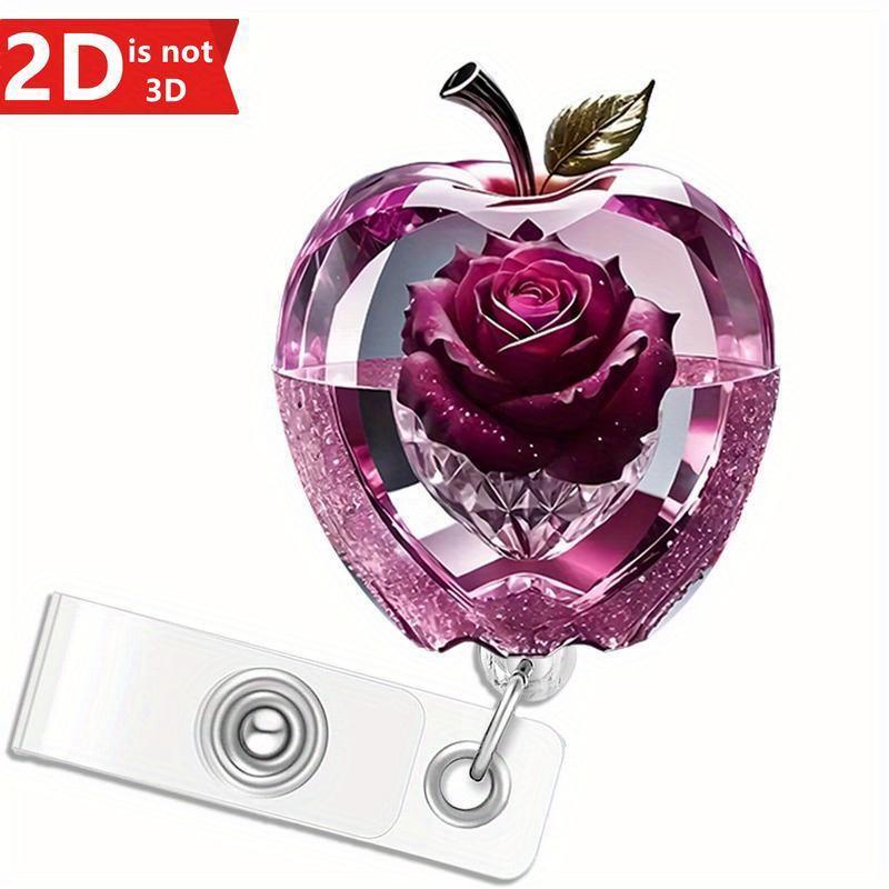 Elegant Flower Apple Badge Clip - 2D Acrylic ID Card Holder for Nurses, Teachers, and Office Staff.