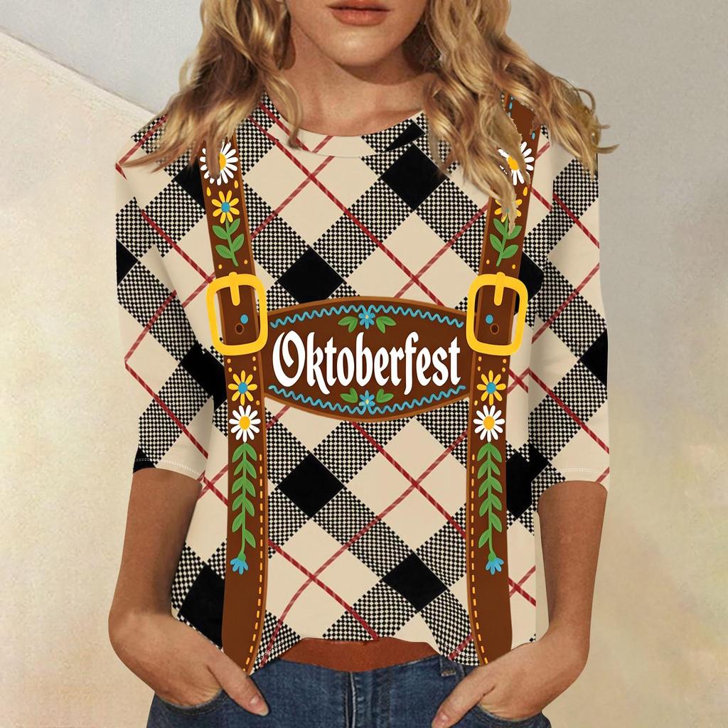 Women Casual Three Quarter Sleeve Oktoberfest Print Round Neck Top Lightweight Soft Fabric Festival Shirt