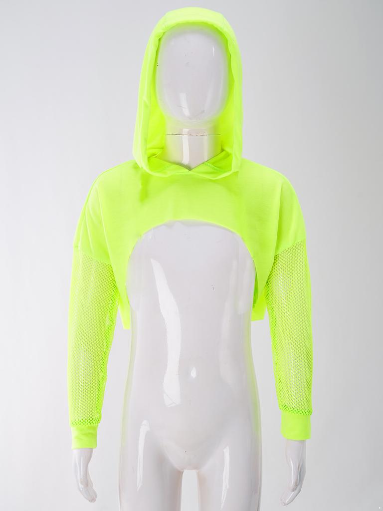 Kids Girls Long Sleeve Fishnet Cropped Hoodie Sheer Mesh Pullover Hooded Cover Up Dance Crop Top