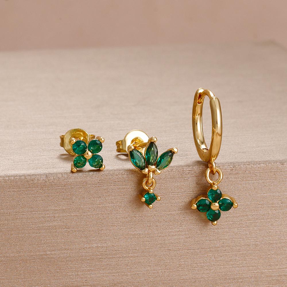3PCS 12 Styles Green Cubic Zirconia Flower Pendant Earring Set For Women Stainless Steel Round U-Shape Hoop Earring Jewelry