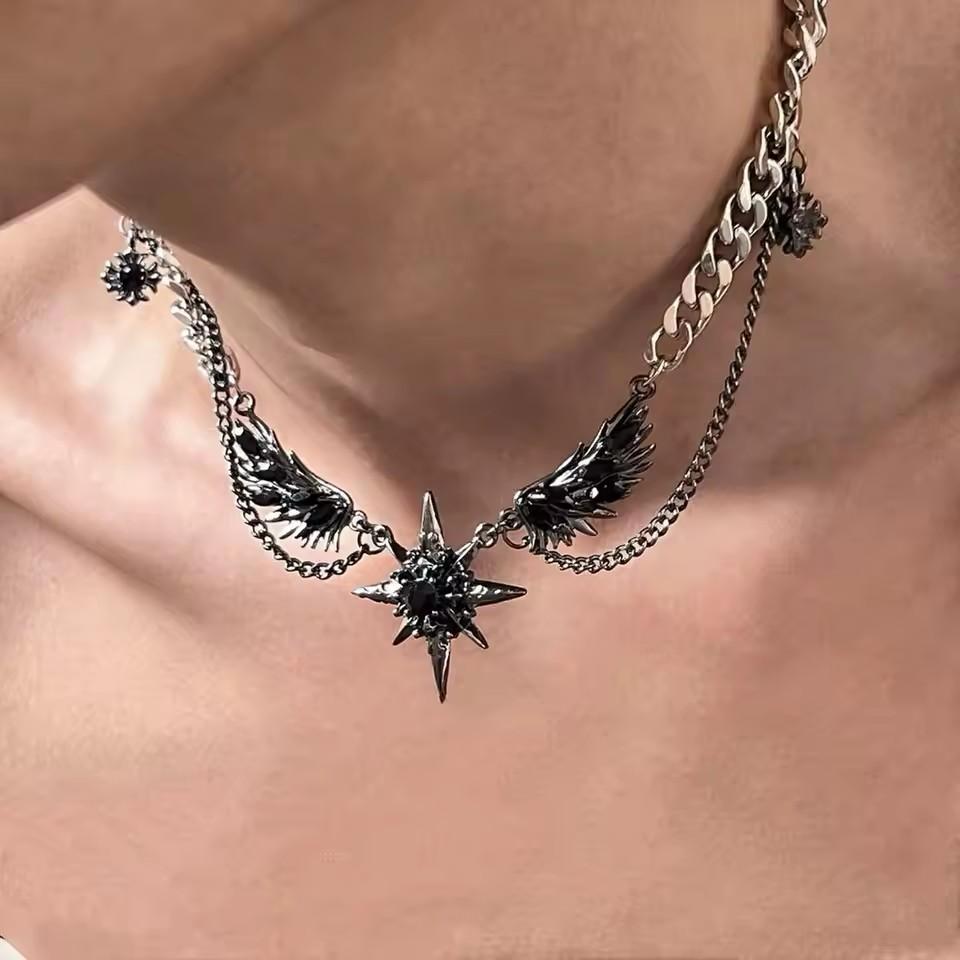 Gothic Dark Style Metal Wings Star Cross Thorny Heart Pendant Necklace Y2K Personalized Creative Punk Women Men Charm Jewelry