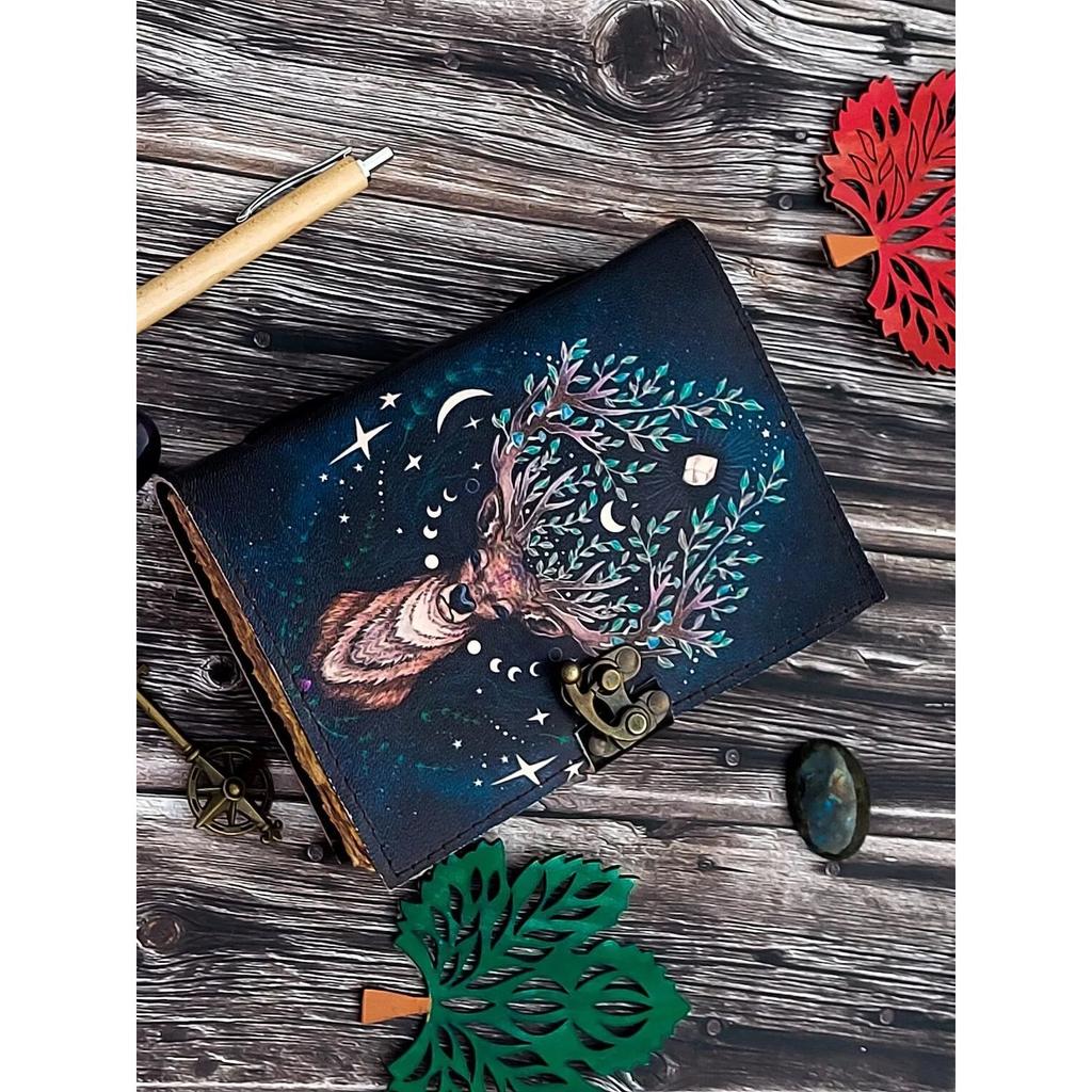 Vintage Leather Deer Moon Journal For Men Women with Lock Antique Handmade