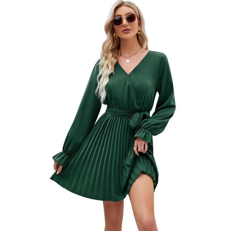 Solid Elegant Spring Dress Women Lace-up V-neck A Line Short Dress Summer 2026 Casual Pleated Long Sleeve Dresses Vestido 25154