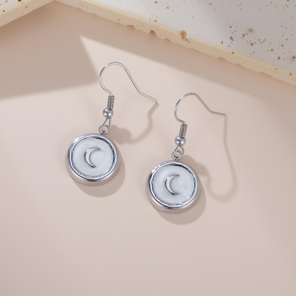 Teamer White Enamel Crescent Round Pendant Stainless Steel Dangle Earrings For Women Girls Fashion Wedding Romantic Jewelry Gift