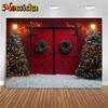 Mocsicka Christmas Tree Background Photography Red Door Snow Wreath Gifts Kid Photo Backdrop Shooting Props Outdoor Decor Studio