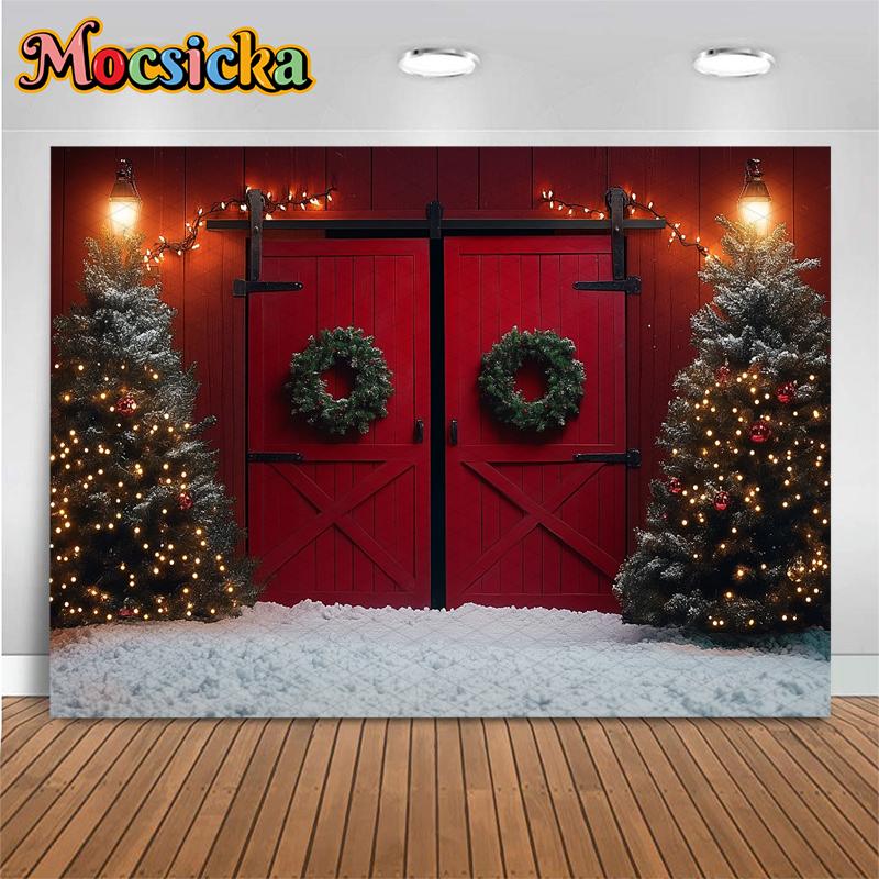 Mocsicka Christmas Tree Background Photography Red Door Snow Wreath Gifts Kid Photo Backdrop Shooting Props Outdoor Decor Studio