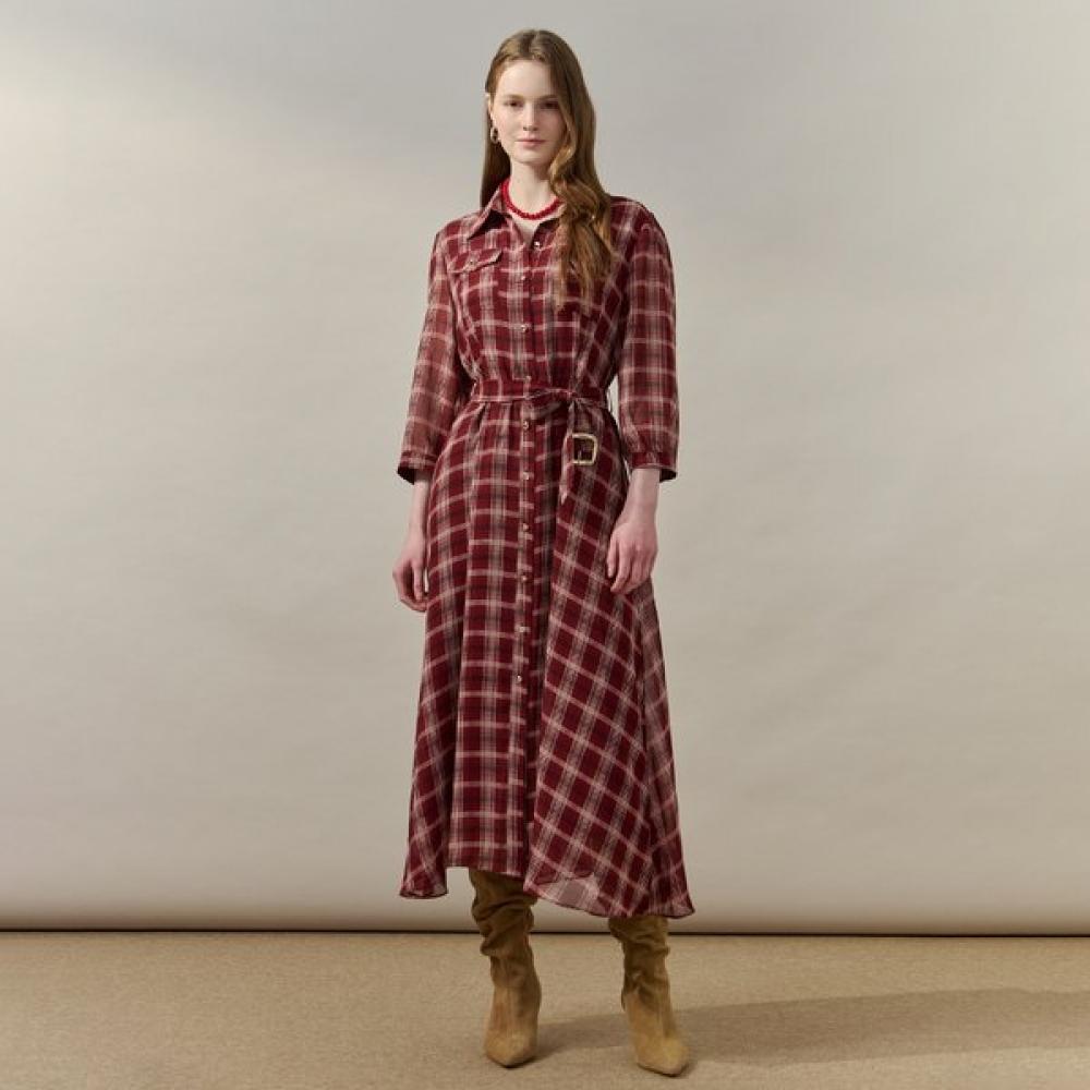 Maxza Tartan Check Chiffon Belted Shirt Dress Zf07qp005nh wines/FREE