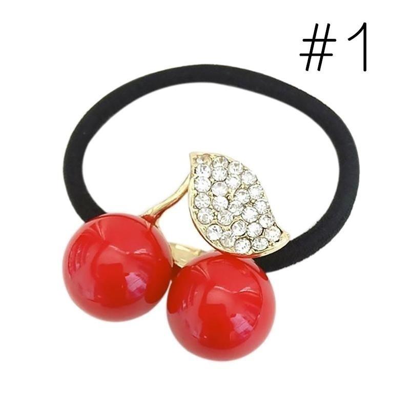 1Pc Women Girls Cherry Leaves Pearl Fashion Hair Rope Ladies Red and White Hair Accessories (Color Random)