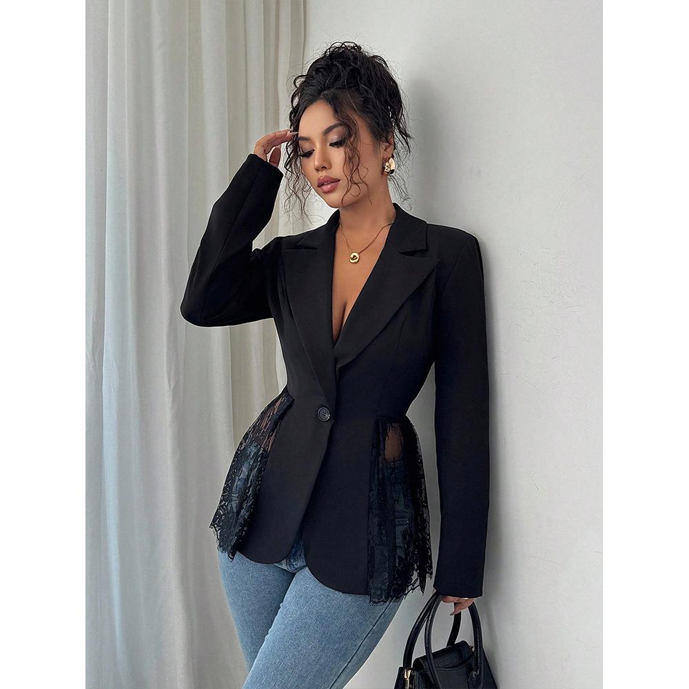 The 2025 Autumn/winter New Contrasting Color Lace Waist-fitted A-line Women's Suit Jacket