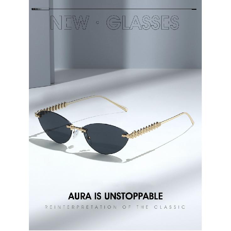 Cat-eye Sunglasses, Metal Frameless Design, Unisex, Suitable for Outdoor Wear and Fashion Shows, with Rivet Detailing On the Arms