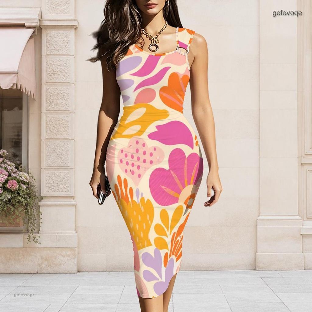 Women Plus Size Sleeveless Vest Midi Dress With Metal Ring Ornament On Left Neckline