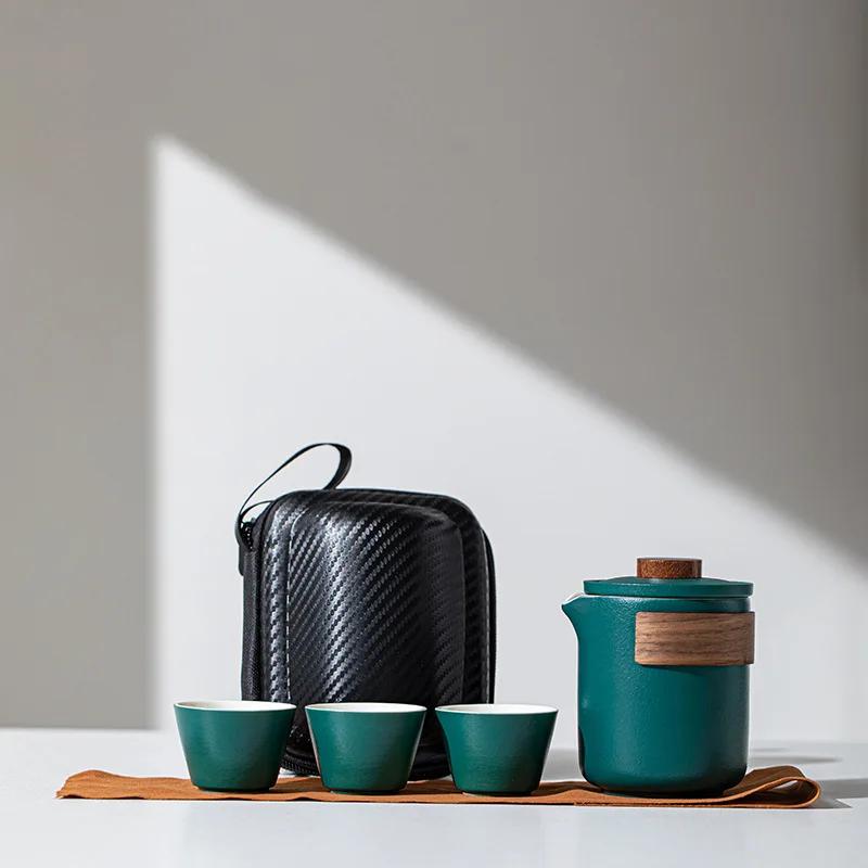 Travel Tea Set Ceramics Business Gift One Pot and Three Cups Outdoors Drinkware Cup Tools Teacup Portable China Sets Full Dining