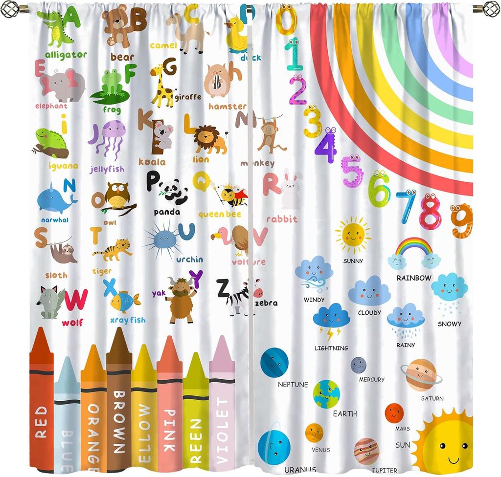 Abc Alphabet Curtains, Cartoon Toddler Colourful Animals Numbers Colours Classroom Learning Windows Treatments Drapes For Kids