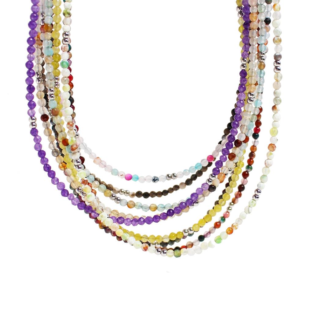 Handmade Original Jewelry Faceted Colored Natural Stone Beaded Necklace Stacked With Very Fine Collarbone Chain 772