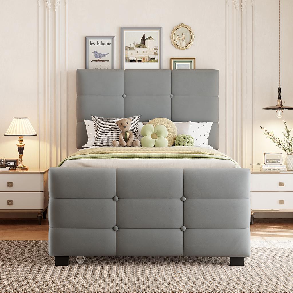 Upholstered Bed 90 X 190 Cm with Pull-Out Bed, Flat Single Bed In Skin-Friendly Velvet Fabric, Children's Bed Youth Bed Guest Bed (Grey)