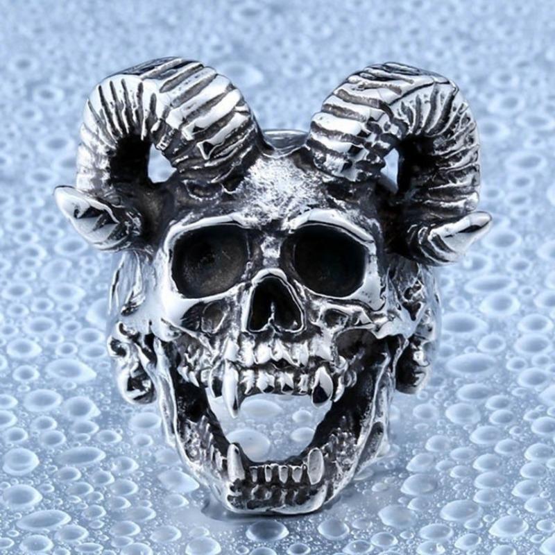 New Exaggerated Jewelry Men's Satan Ram Horns Skull Ring