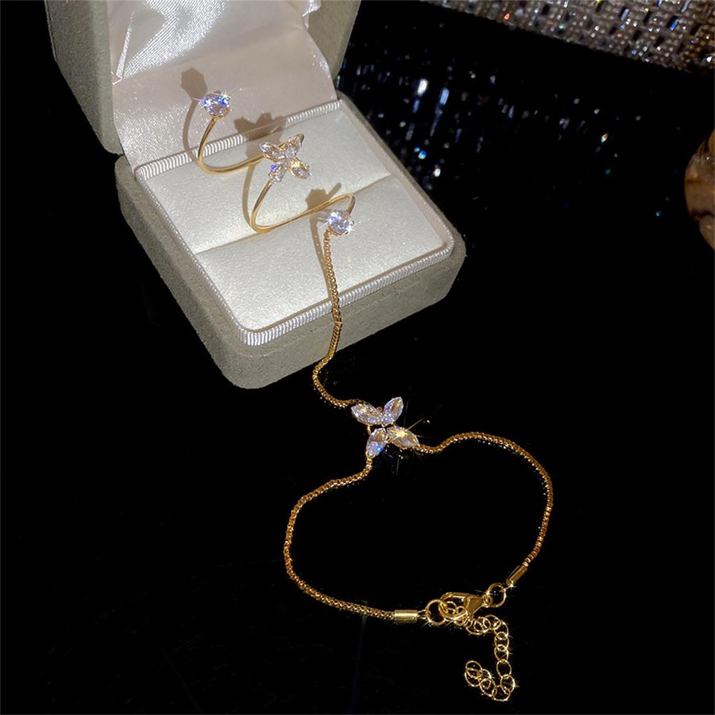 Light Luxury Cubic Zircon Flower Finger Bracelet for Women Elegant Boho Round Rhinestone Hand Chain Bangle Aesthetics Jewelry