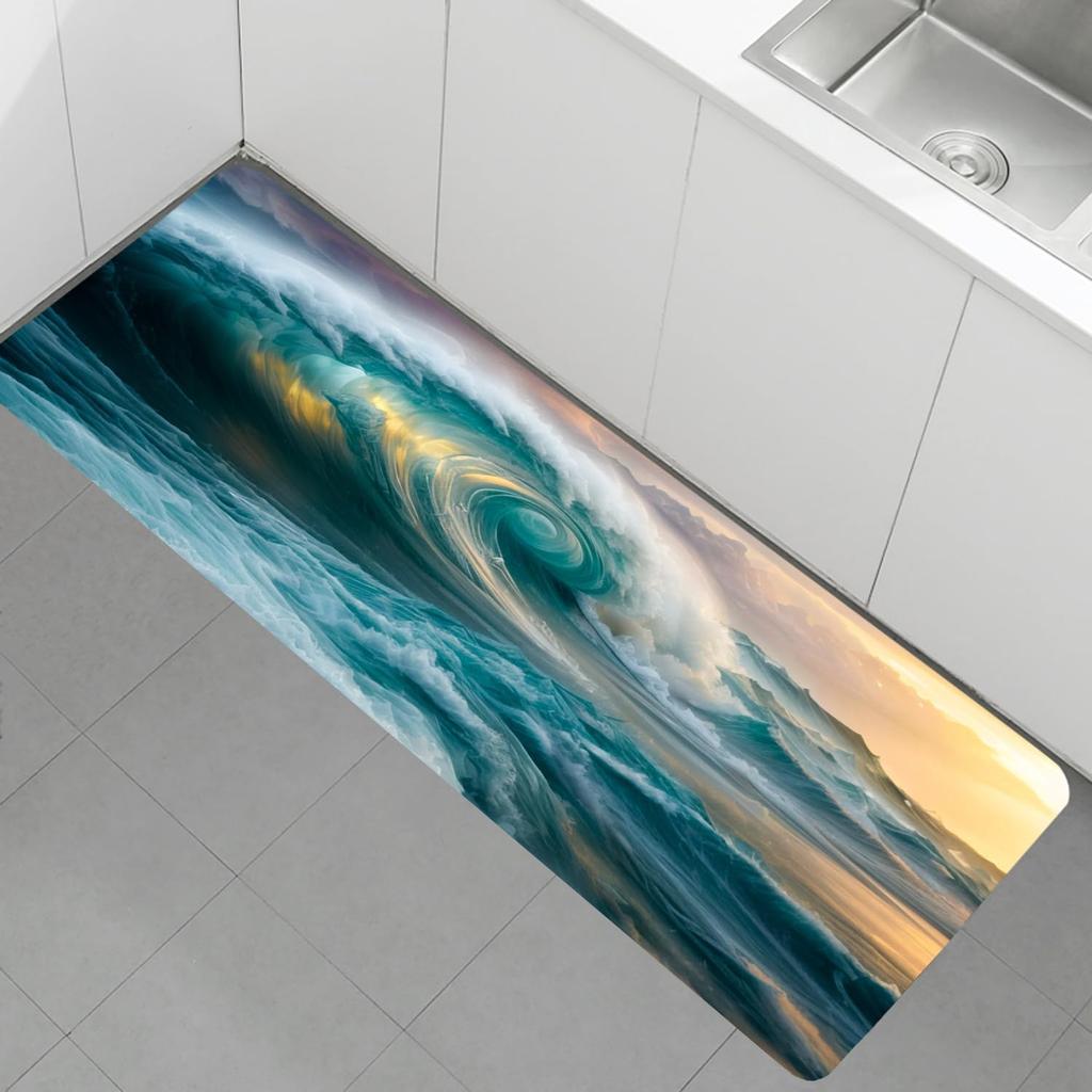 Blue Wave Pattern Runner Rug Ocean Waves Design Non-Slip Absorbent Carpet Home Decor Bedside Mat Hallway Entrance Doormat