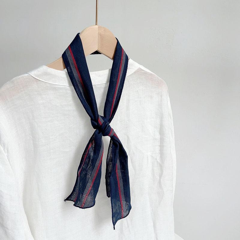 Retro Rain And Dew Striped Small Bow Tie Literary Versatile Women'S Summer Neck Protection Scarf Accessories Silk Korean Version