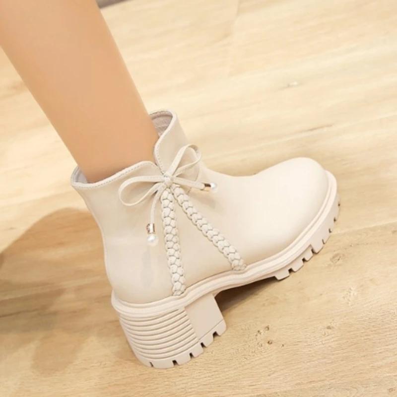 New Fashion Solid Color Versatile Women's Shoes Low Heel Comfortable Pointed Toe Zipper Bow Decoration Women's Boots