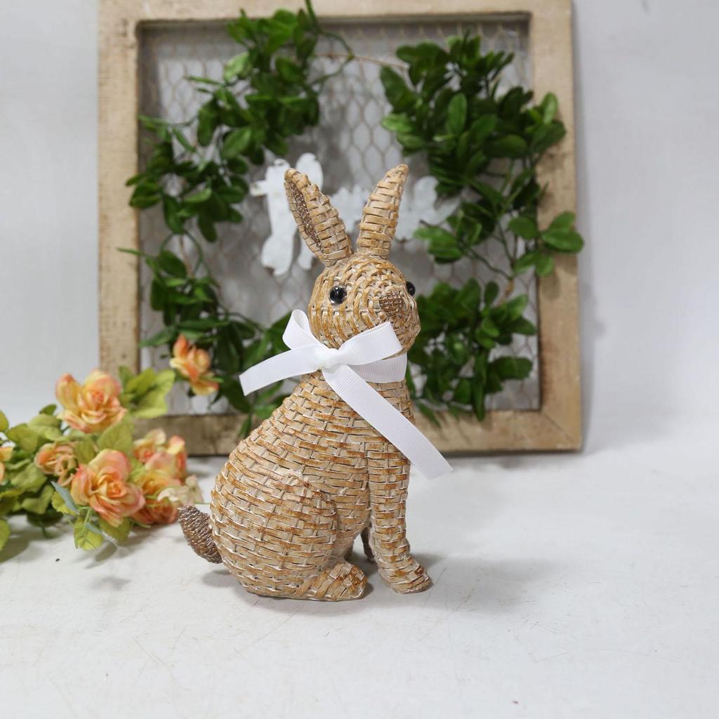 Easter Bunny Figurine Resin Rattan Woven Ornament Desk Decoration Festival for Children Day Birthday Wedding Gift Supply