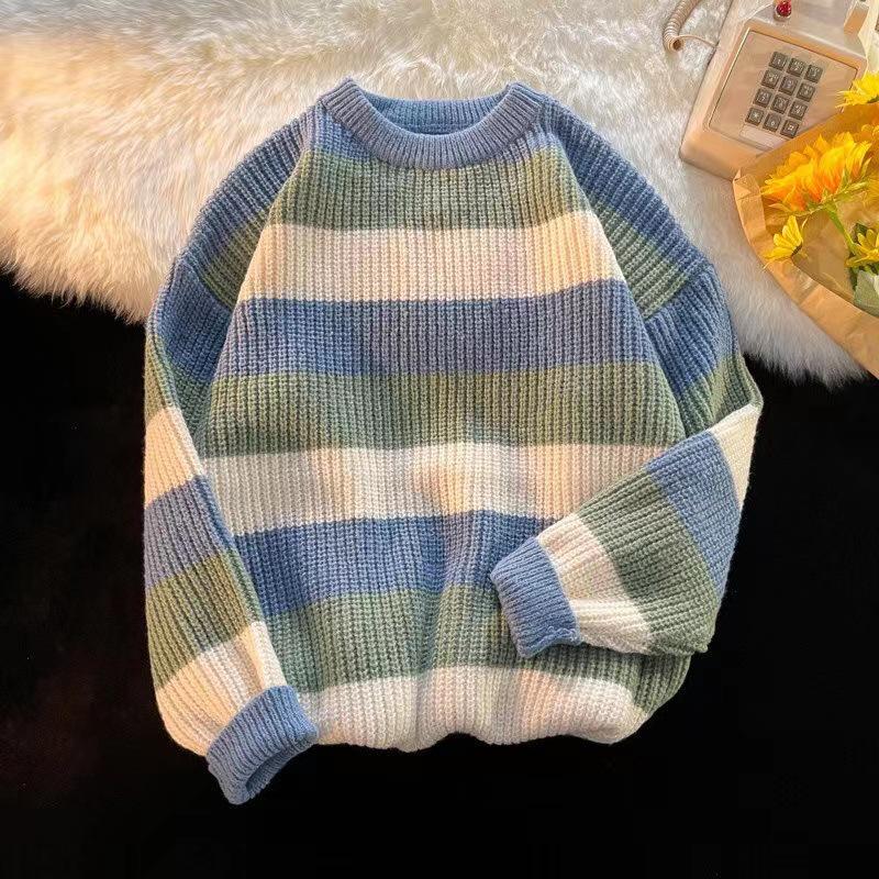 Women's Color-Block Round Neck Sweater - Autumn/Winter Casual Knitwear, Trendy & Versatile Style for Couples