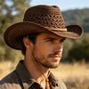 Sonnenhut Natürliche Raffia Handgewebt Leicht Atmungsaktiv Breiter Rand Strohhut Hohl Design Seil Dekoration Westlicher Cowboyhut