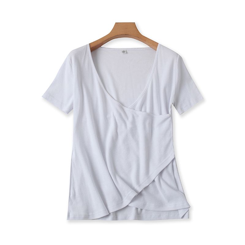 

Хлопковая футболка с V-образным вырезом, эластичная, с коротким рукавом, летняя новинка, прилегающая, облегающая, базовая, женский верхний слой, топы E/6-1 White Single code