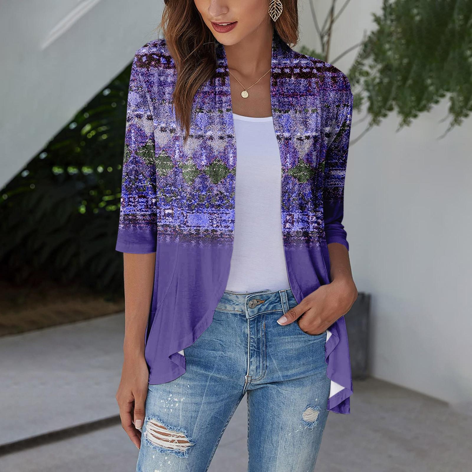 

Летние топы для женщин с цветочным узором для женщин, v-образным вырезом, рукавами 3/4, удобные женские топы, футболки L фиолетовый