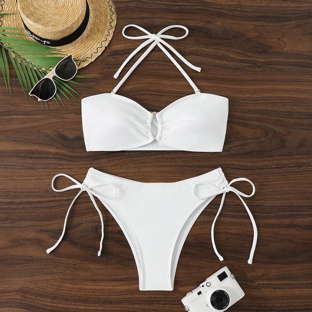 Sexy Bikini-Set mit Kordelzug an der Seite, High Waist, 2026, Damen, Blau Schwarz, Metall V-Bügel, Push-Up-BH, Badeanzug, Strandbadeanzug, Bademode