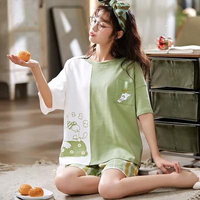 Baumwoll-Nachthemd Sommer Damen Kurzarm Shorts Cartoon O-Ausschnitt Pullover Locker Nachtwäsche Loungewear 2-teiliges Set Schlafbekleidung