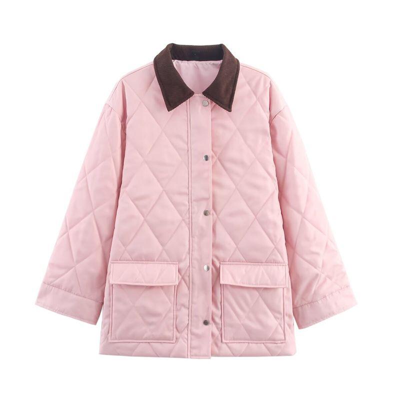 Kaslead New Women Clothes Western Style High Density Thick Nylon Plus Corduroy Collar Rhombus Jacket