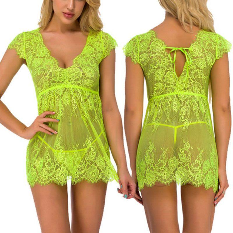 Luxurious Women Eyelash Lace Sexy Lingerie See-through Babydoll Sleepwear Dress T-back Set For Elegant Nights