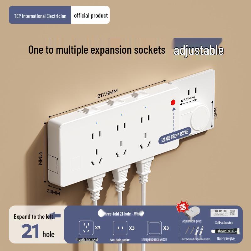 Expandable 86 Type Multi-hole Switch Panel Socket with Surface-Mounted Extension Converter for Household Use.