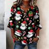 Women's Casual Christmas Print Button Front Top with Lace Sleeves