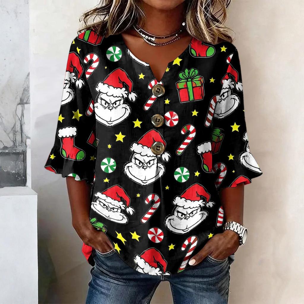 Women's Casual Christmas Print Button Front Top with Lace Sleeves