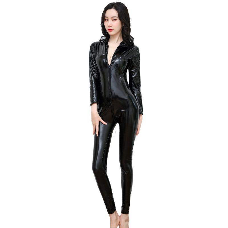 Sex underwear Sexy mirror bright patent leather uniform Temptation tight one-piece leather jacket Folio double zipper performance suit