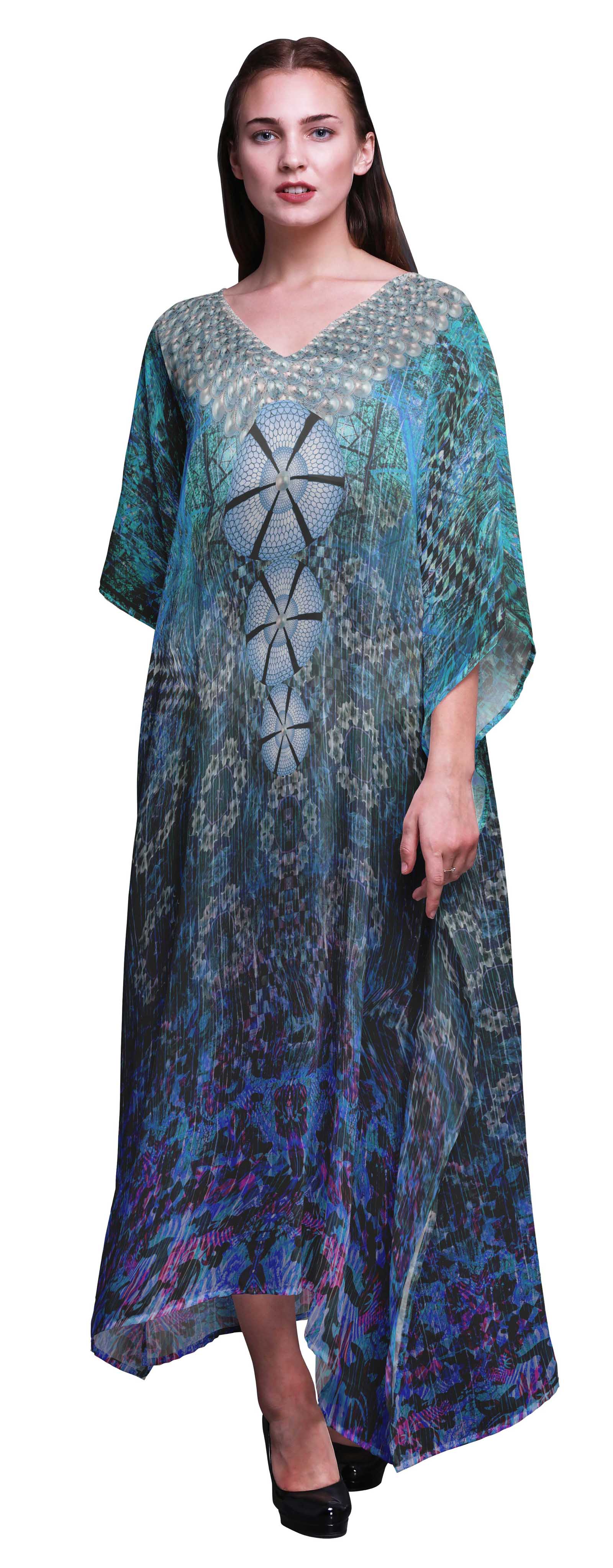 

Phagun Artistic Floral & Check Geometric Beach Kaftan Bikini Cover up Womena s Maxi Dress Long XL-3X бірюзовий колір синій
