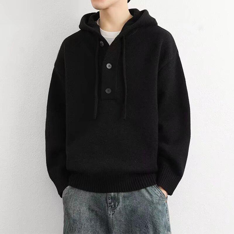 Men s Autumn/Winter Loose Hooded Pullover - Solid Color Knit Sweater L