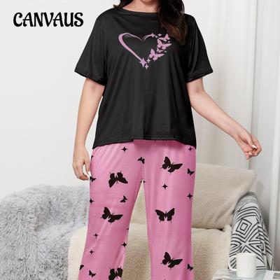 Summer Thin Pajamas Women's Short-sleeved Trousers Suit Plus Size Leisure Loose Round Neck Homewear