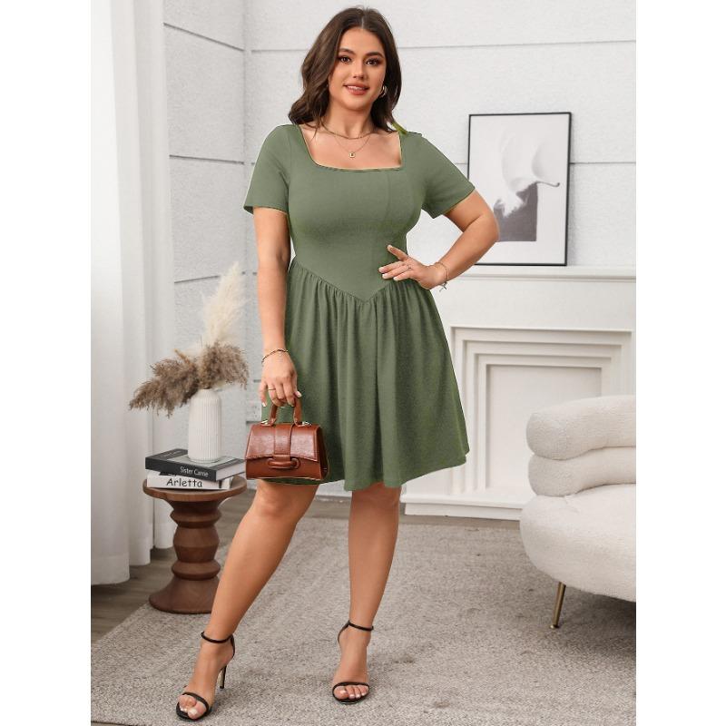 

Платье больших размеров для женщин, летнее, элегантное, с короткими рукавами, квадратным воротником, однотонное, утягивающее платье 3XL зелёный