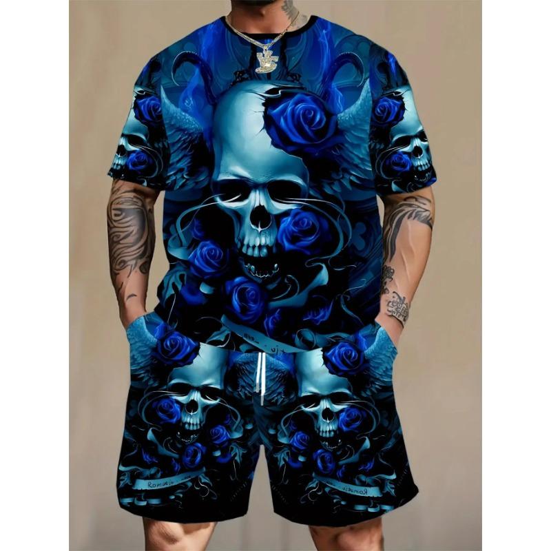 Men s Summer Gothic Skull Rose Set: Blue 3D Print Tee with Matching Shorts. Loose Fit Big Size for Street Style S синий