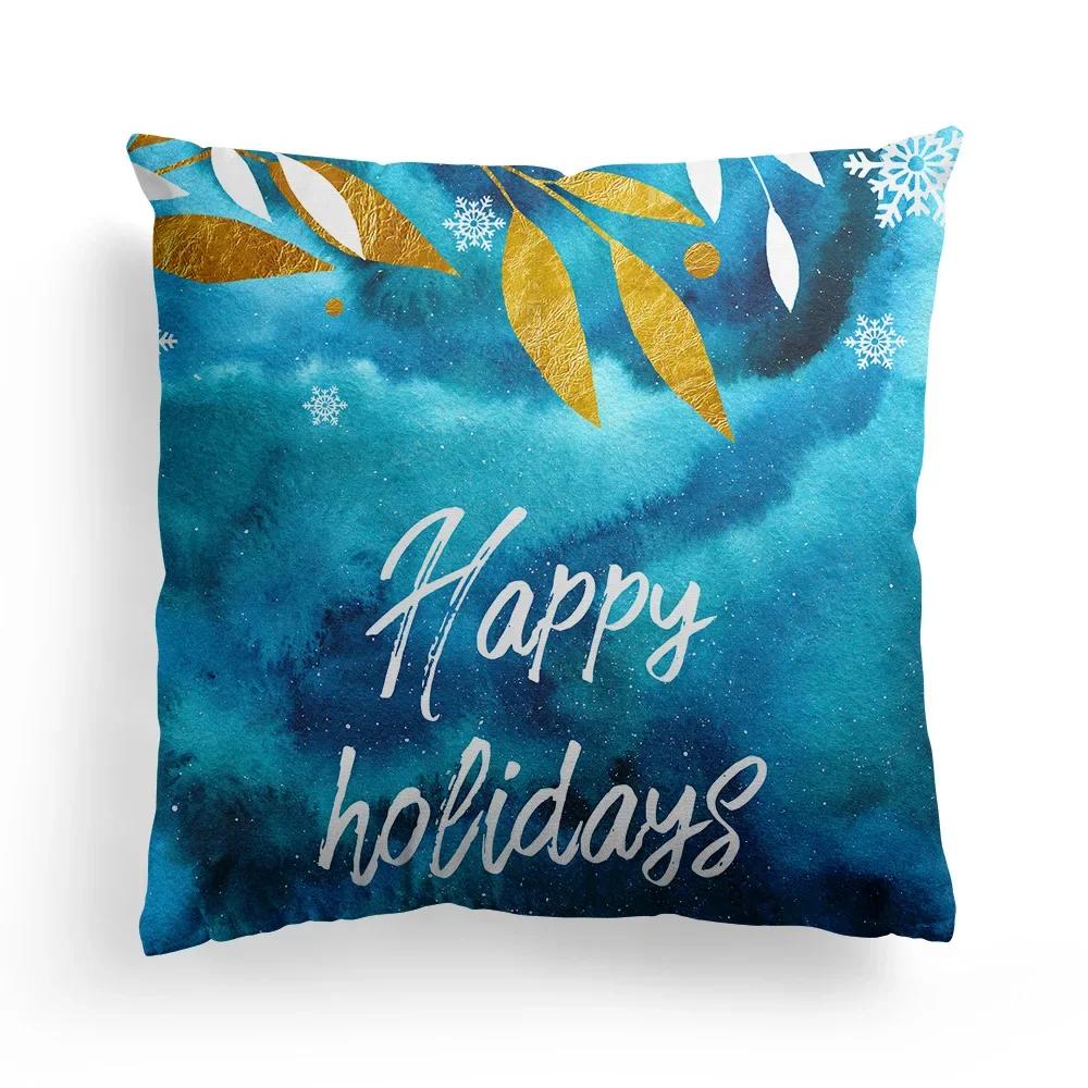 Home Decoration Christmas Blue Elk Plant Pillow House Polyester Cushion Cushion Decoración Navideña Funda De Almohada