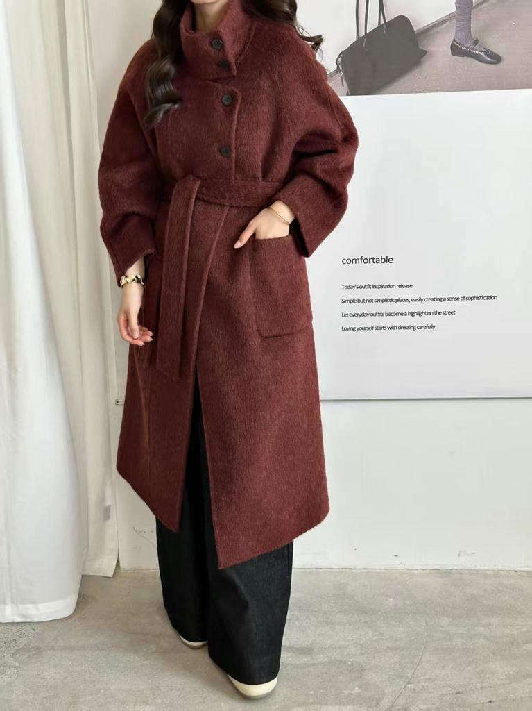 Purple Alpaca Double-Sided Cashmere Coat, Stand Collar, Knee-Length, Tie-Waist, Loose Fit, Korean Style for Autumn/Winter 2025.
