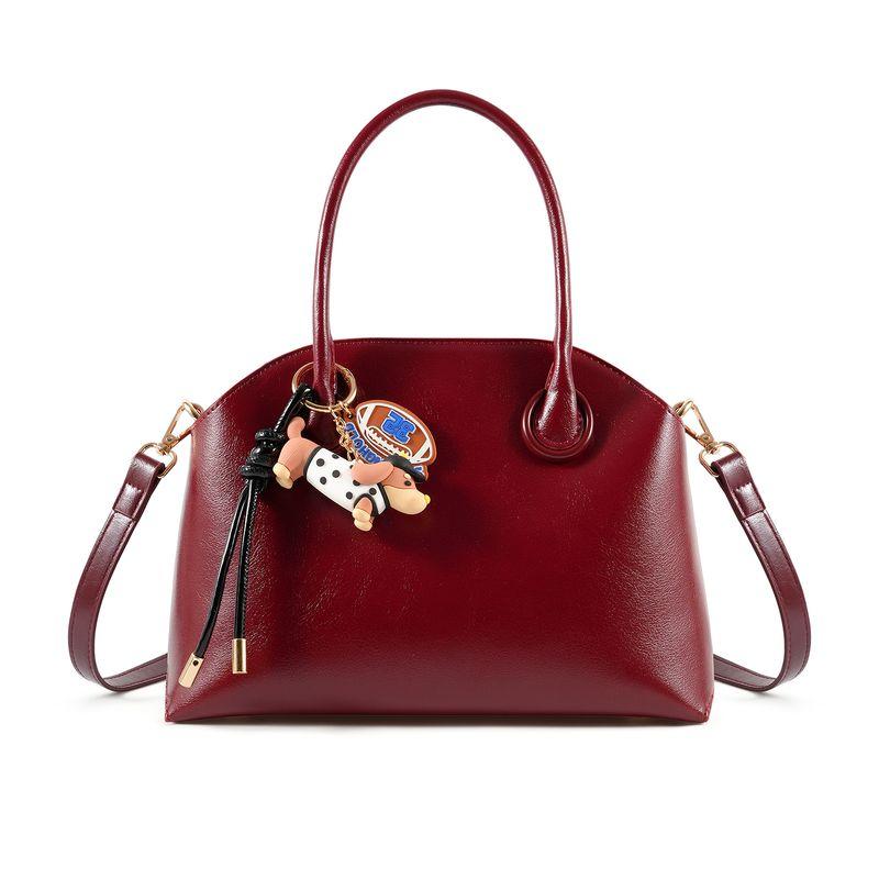 

Wine Red Oil Wax Leather Shell Bag | French style Polka Dot Dog Pendant Crossbody Bag | Handbag Women | Retro Commuter Bag Red