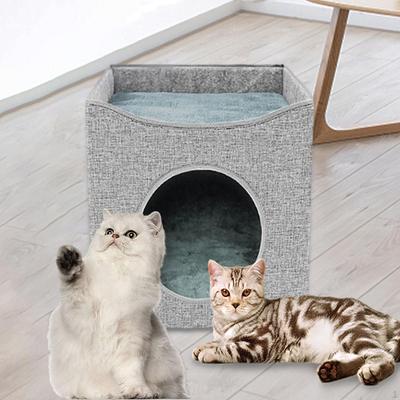 Cat Bed Cube House Double Layer with Sided Cushion Cute Soft Pet Sleeping Foldable Cave